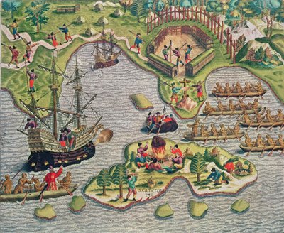 岩の間でのクロスの発見、「アメリカテルティアパース...」、1562年 作： Theodore de Bry